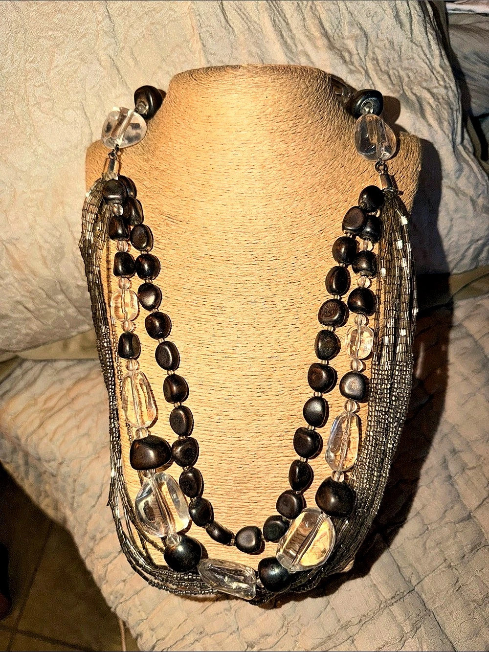 Multi-Strand Beaded Statement Necklace in Brown & Silver clear lucite chunky bea